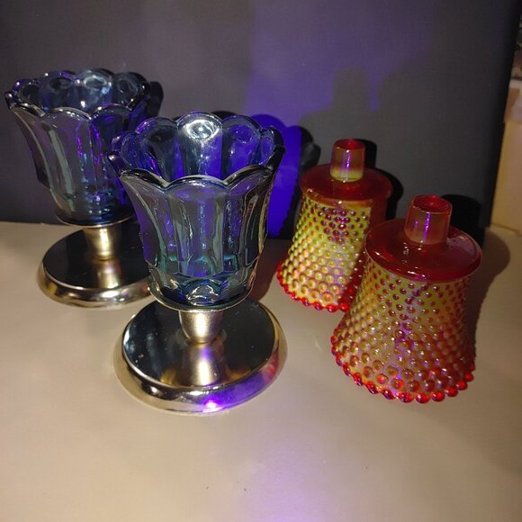 Candle Glass Red Hobnail Blue Tulip Scallop Peg Sconce Votive Holders Gold Base - Picture 4 of 11